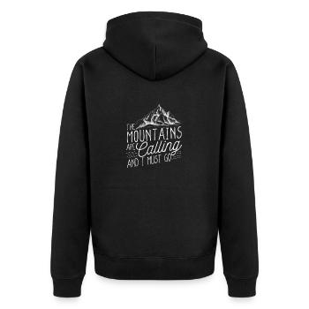 Die Berge rufen und ich muss zum Geocaching - Unisex Premium Bio Zip Hoodie - Schwarz - Hinten - Nico (187cm)