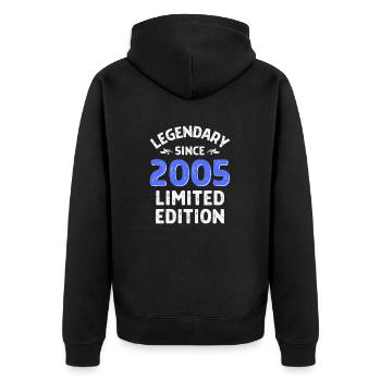 Legendär seit 2005 blau - Unisex Premium Bio Zip Hoodie - Schwarz - Hinten - Nico (187cm)
