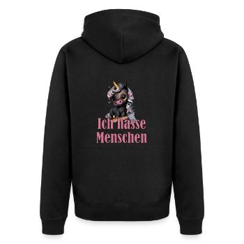 Kleines süßes Schwarzes Einhorn mit Spruch - Unisex Premium Bio Zip Hoodie - Schwarz - Hinten - Nico (187cm)