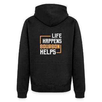 Life Happens Bourbon Helps Whiskey Drinking - Unisex Premium Bio Zip Hoodie - Schwarz - Hinten - Nico (187cm)