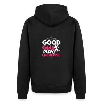 Good Girls Play Lacrosse Lifestyle Player - Unisex Premium Bio Zip Hoodie - Schwarz - Hinten - Nico (187cm)