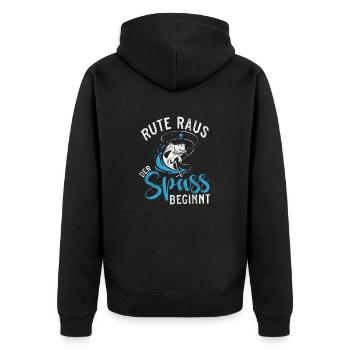 Rute Raus der Spaß beginnt - Anglerdesign - Unisex Premium Bio Zip Hoodie - Schwarz - Hinten - Nico (187cm)