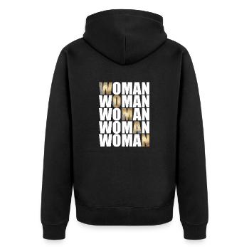 Woman mit Goldener und weißer Schrift - Unisex Premium Bio Zip Hoodie - Schwarz - Hinten - Nico (187cm)
