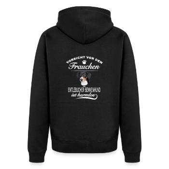 Vorsicht vor dem Frauchen - Entlebucher Sennenhund - Unisex Premium Bio Zip Hoodie - Schwarz - Hinten - Nico (187cm)