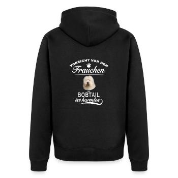 Vorsicht vor dem Frauchen, Hund harmlos - Bobtail - Unisex Premium Bio Zip Hoodie - Schwarz - Hinten - Nico (187cm)