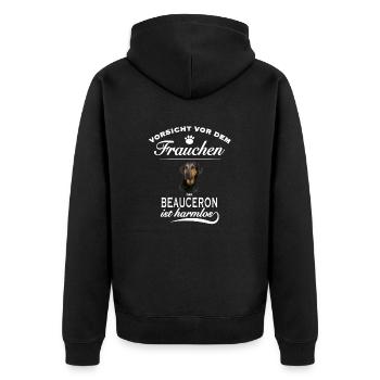Vorsicht vor dem Frauchen, harmlos - Beauceron - Unisex Premium Bio Zip Hoodie - Schwarz - Hinten - Nico (187cm)