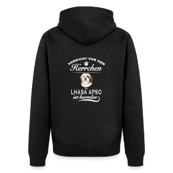Vorsicht vor dem Herrchen, harmlos - Lhasa Apso - Unisex Premium Bio Zip Hoodie - Schwarz - Hinten - Nico (187cm)