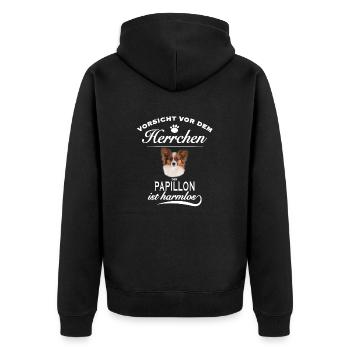 Vorsicht vor dem Herrchen, Hund harmlos - Papillon - Unisex Premium Bio Zip Hoodie - Schwarz - Hinten - Nico (187cm)