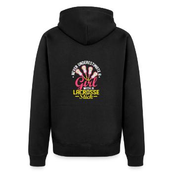 Never Underestimate A Girl With A Lacrosse Stick G - Unisex Premium Bio Zip Hoodie - Schwarz - Hinten - Nico (187cm)