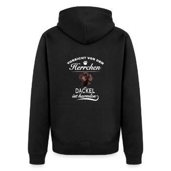 Vorsicht vor dem Herrchen, Hund harmlos - Dackel - Unisex Premium Bio Zip Hoodie - Schwarz - Hinten - Nico (187cm)