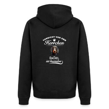 Vorsicht vor dem Herrchen, harmlos Dackel - Unisex Premium Bio Zip Hoodie - Schwarz - Hinten - Nico (187cm)
