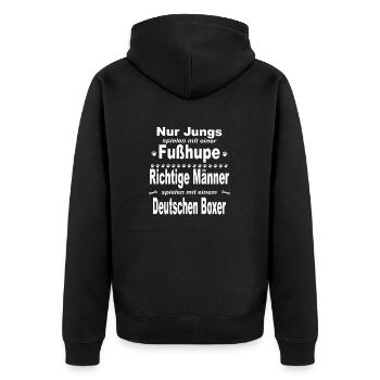 Jungs, Männer, Fußhupe - Deutscher Boxer - Unisex Premium Bio Zip Hoodie - Schwarz - Hinten - Nico (187cm)