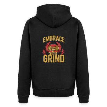 Embrace The Grind Workout Weight Lifting - Unisex Premium Bio Zip Hoodie - Schwarz - Hinten - Nico (187cm)