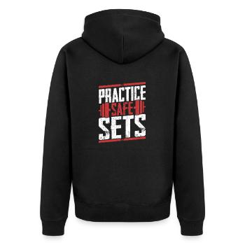 Practice Safe Sets Weight Lifting Workout Training - Unisex Premium Bio Zip Hoodie - Schwarz - Hinten - Nico (187cm)