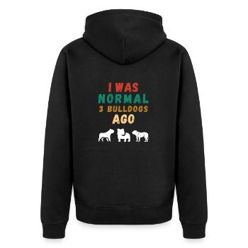 Ich war vor 3 Bulldoggen normal - Unisex Premium Bio Zip Hoodie - Schwarz - Hinten - Nico (187cm)