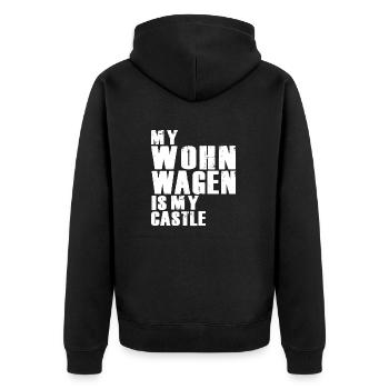 My Wohnwagen is my Castle Denglish Spruch - Unisex Premium Bio Zip Hoodie - Schwarz - Hinten - Nico (187cm)