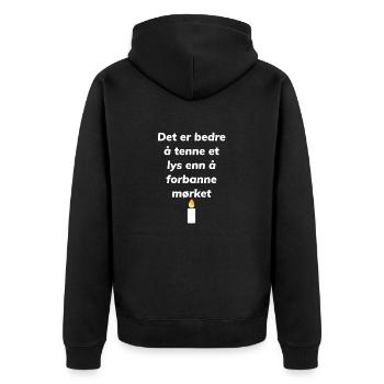 „Light the Light: Besiege die Dunkelheit mit inspirierender Kleidung!“ - Unisex Premium Bio Zip Hoodie - Schwarz - Hinten - Nico (187cm)