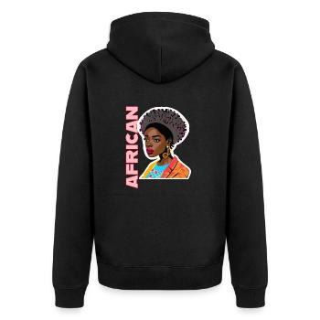 Schwarze Dame mit Schriftzug African - Unisex Premium Bio Zip Hoodie - Schwarz - Hinten - Nico (187cm)