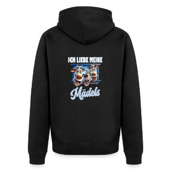 Lusitger Spruch, ich liebe meine Mädels, Kuh, Kühe - Unisex Premium Bio Zip Hoodie - Schwarz - Hinten - Nico (187cm)