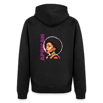 Femme noire avec lettrage américain - Veste à capuche bio Premium Unisexe - noir - Dos - Nico (187cm)