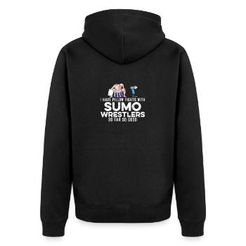 Ich habe Kissenschlachten mit Sumo-Ringern Gangster - Unisex Premium Bio Zip Hoodie - Schwarz - Hinten - Nico (187cm)