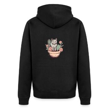 Chat en pot de fleurs avec cactus et fleurs - Veste à capuche bio Premium Unisexe - noir - Dos - Nico (187cm)