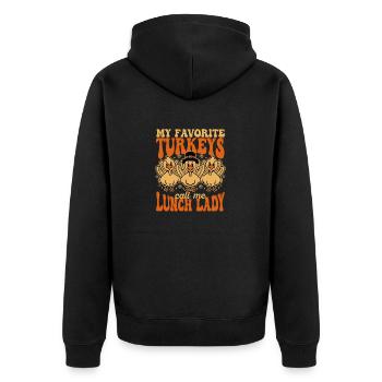 Meine Lieblings-Truthähne nennen mich Mittagessen - Unisex Premium Bio Zip Hoodie - Schwarz - Hinten - Nico (187cm)