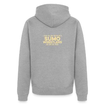 J’ai des combats d’oreillers avec des lutteurs de sumo Bon jeu de mots - Veste à capuche bio Premium Unisexe - gris chiné - Dos - Nico (187cm)