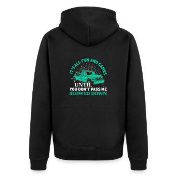 It's All Fun And Games Tow Truck Driver Trucking - Unisex Premium Organic Zip Hoodie - black - Back - Nico (187cm)