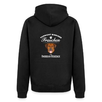 Vorsicht - Bissiges Frauchen - Rhodesian Ridgeback - Unisex Premium Bio Zip Hoodie - Schwarz - Hinten - Nico (187cm)