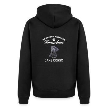 Vorsicht - Bissiges Frauchen - Cane Corso - Unisex Premium Bio Zip Hoodie - Schwarz - Hinten - Nico (187cm)