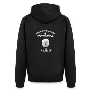 Vorsicht - Bissiges Frauchen - Malteser - Unisex Premium Bio Zip Hoodie - Schwarz - Hinten - Nico (187cm)