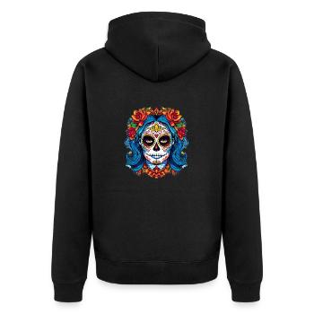 Gruselige bunte La Catrina - Halloween Florral Wom - Unisex Premium Bio Zip Hoodie - Schwarz - Hinten - Nico (187cm)