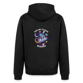 Alien Space Lustiges Zitat Bring mich zu deinen Lesern - Unisex Premium Bio Zip Hoodie - Schwarz - Hinten - Nico (187cm)