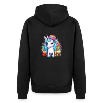 Coole Einhorn-Weihnachten mit Weihnachtsmütze und Regenbogen - Unisex Premium Bio Zip Hoodie - Schwarz - Hinten - Nico (187cm)