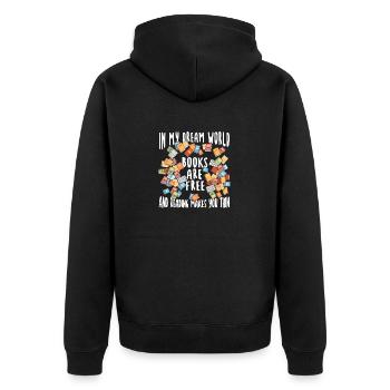In meiner Traumwelt sind Bücher kostenlos - Unisex Premium Bio Zip Hoodie - Schwarz - Hinten - Nico (187cm)