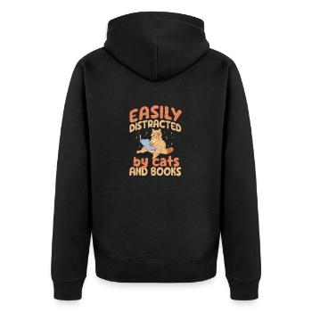 Leicht ablenkbar durch Katzen und Bücher Katze - Unisex Premium Bio Zip Hoodie - Schwarz - Hinten - Nico (187cm)