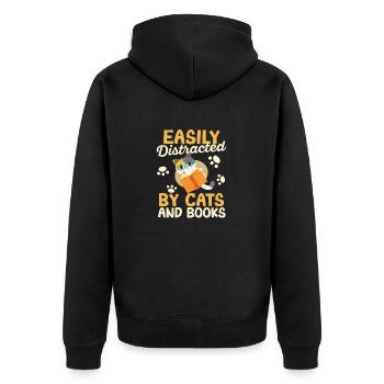 Leicht ablenkbar durch Katzen und Bücher Katze - Unisex Premium Bio Zip Hoodie - Schwarz - Hinten - Nico (187cm)
