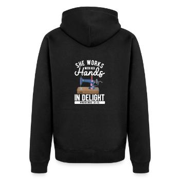 Elle travaille avec ses mains dans des paroles de joie - Veste à capuche bio Premium Unisexe - noir - Dos - Nico (187cm)