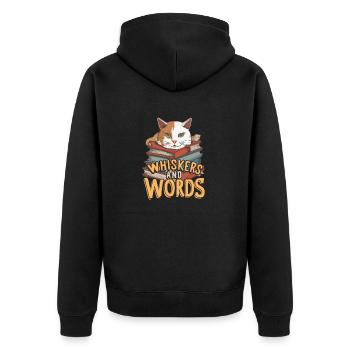 Whiskers and Words': Wo Neugier auf Gemütlichkeit - Unisex Premium Bio Zip Hoodie - Schwarz - Hinten - Nico (187cm)