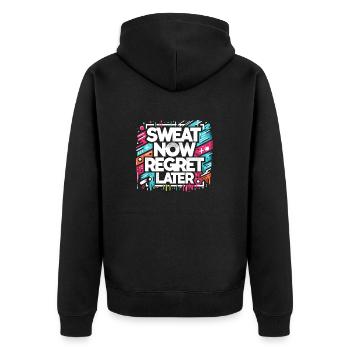 Jetzt schwitzen, später bereuen - Unisex Premium Bio Zip Hoodie - Schwarz - Hinten - Nico (187cm)