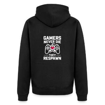 Gamer sterben nie, sie respawnen - Unisex Premium Bio Zip Hoodie - Schwarz - Hinten - Nico (187cm)