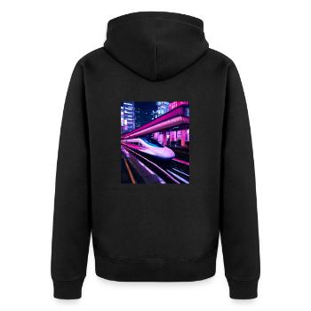 Zug Tokio Japan Nacht - Unisex Premium Bio Zip Hoodie - Schwarz - Hinten - Nico (187cm)