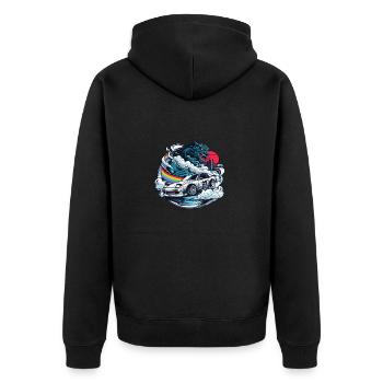 Auto im japanischen Stil hinter Monster und Regenbogen, JDM - Unisex Premium Bio Zip Hoodie - Schwarz - Hinten - Nico (187cm)
