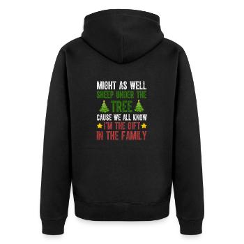Könnte genauso gut unter dem Baum schlafen Ich bin das Geschenk - Unisex Premium Bio Zip Hoodie - Schwarz - Hinten - Nico (187cm)