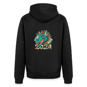 FROHES NEUES JAHR DRACHE 2024 - Unisex Premium Bio Zip Hoodie - Schwarz - Hinten - Nico (187cm)