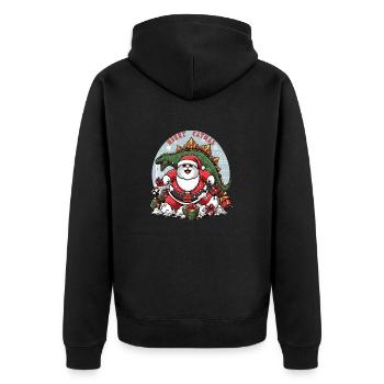 Fat cat as Santa and dinosaur destroying presents, - Unisex Premium Organic Zip Hoodie - black - Back - Nico (187cm)