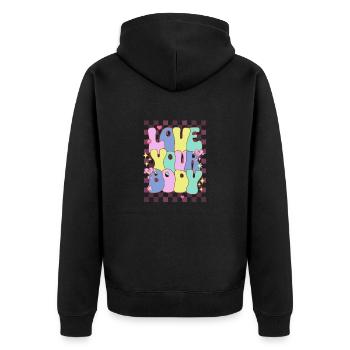 Körper positiv - Unisex Premium Bio Zip Hoodie - Schwarz - Hinten - Nico (187cm)