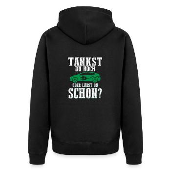 Tankst Du Noch Oder Lädst Du Schon? - Unisex Premium Bio Zip Hoodie - Schwarz - Hinten - Nico (187cm)