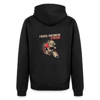 Friss meinen Staub | Radsport Rennrad Shirt - Unisex Premium Bio Zip Hoodie - Schwarz - Hinten - Nico (187cm)